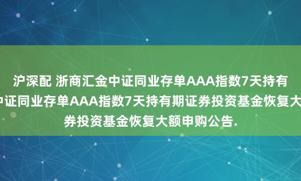 沪深配 浙商汇金中证同业存单AAA指数7天持有: 浙商汇金中证同业存单AAA指数7天持有期证券投资基金恢复大额申购公告.